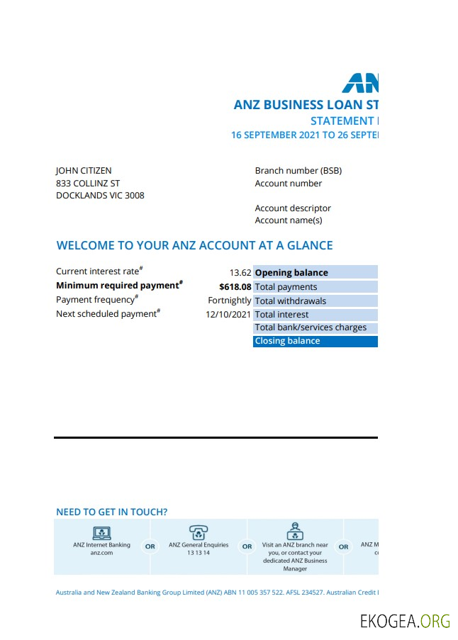 Modèle de relevé bancaire de preuve d'adresse Australie ANZ au format .xls et .pdf, entièrement modifiable
